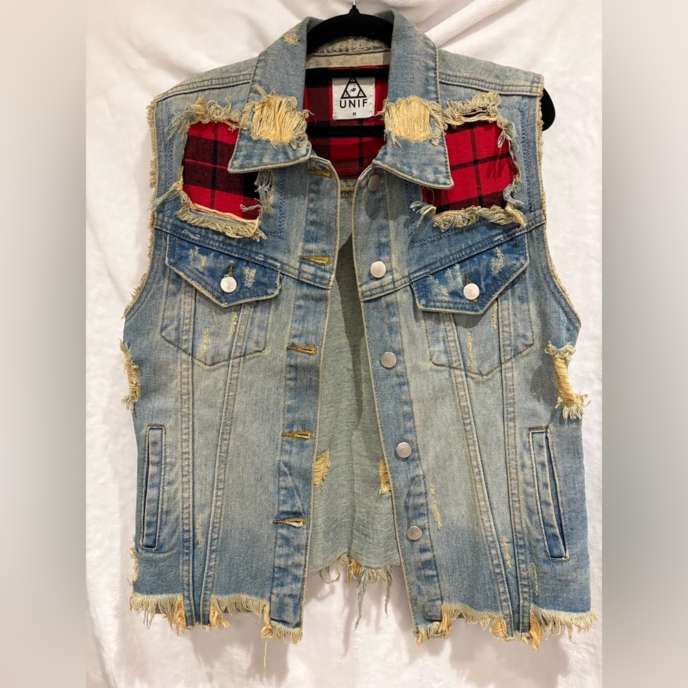 Unif Pieced Plaid Denim Vest Size M, Grunge, Boho, Festival, Trucker, Cowboy
